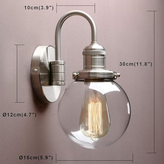 Yosoan 1-Light Vintage Industrial Fixture Light, 5.9'' Round Globe Clear Glass Shade with Elegant Curved Rod Hardwired Wall Sconce for Bathroom Porch Kitchen Living Room Hotel Foyer(Brushed)