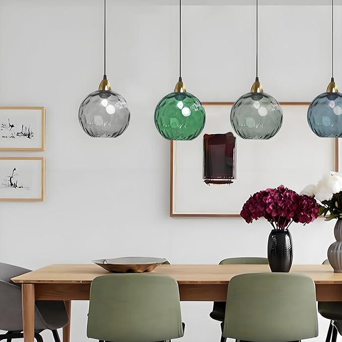 20cm/7.9’’ Industrial Vintage Spherical Glass Pendant Light, E26 Ceiling Hanging Lamp, Gold Finish & Ripple Glass Globe Shade, Dining Room Bedroom Chandelier (Green)