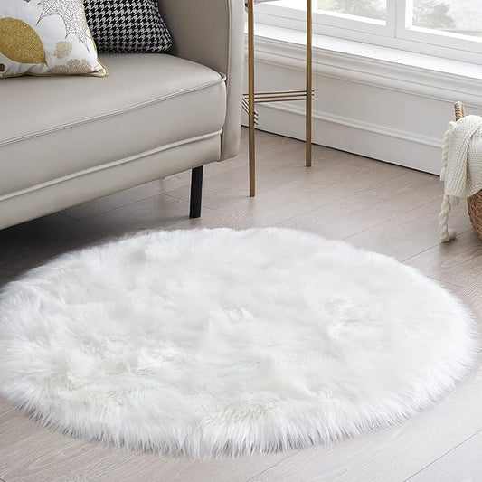 White Fluffy Round Fur Area Rug for Bedroom, Circle Faux Fur Rugs for Kids Room, Cute Fuzzy Nursery, Shaggy Circular Rugs Floor Carpets for Teens Girls Rooms Home Decor, 4 x 4 Feet