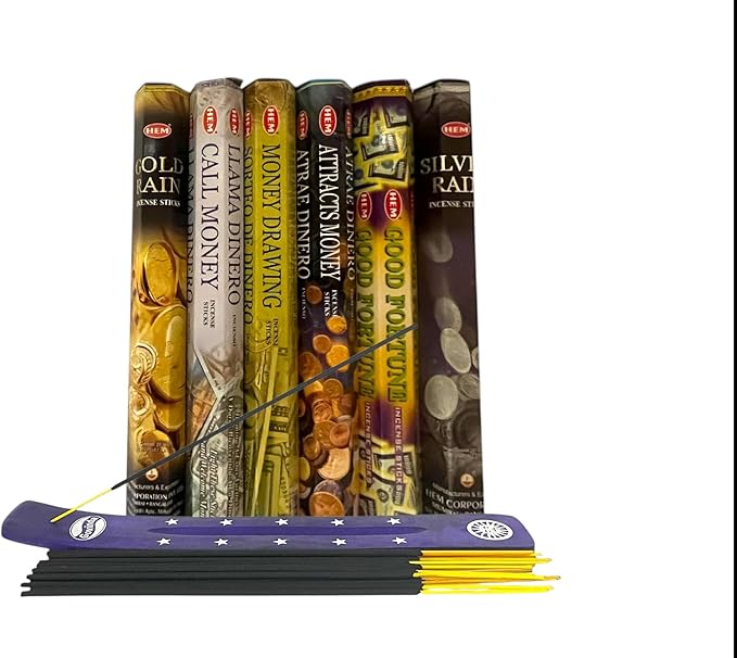 Hem Incense Sticks Variety Pack #-120 Insence-Sticks (6 Incents x 20 Insense) + Incense Stick Holder Bundle with 6 Themed Fragrances (Money)