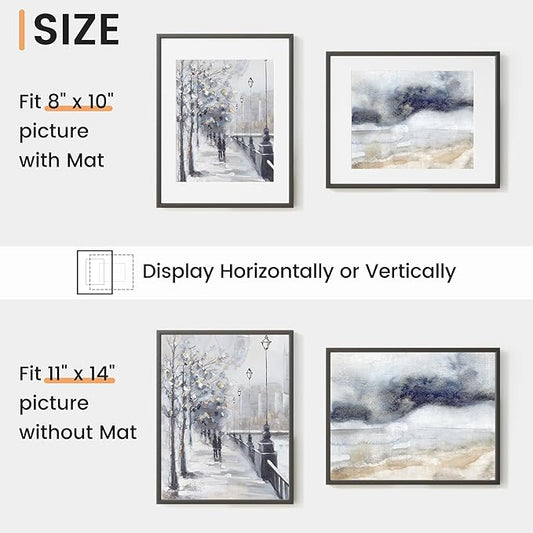 11x14 inch Metal Picture Frame - 11 x 14 Thin Aluminum Photo Frames with 8x10 Removable Mat - High Definition Plexiglass - Vertical and Horizontal Display - Wall Hook Hanging Hardware Included - Black, Set of 1