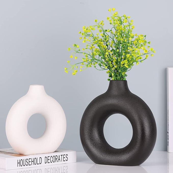 Black and White Vase Decor Donut Vase Set of 2 - Circle Hollow Vases, Modern Matte Ceramic Vases for Entryway Living Room Bedroom Dining Table Centerpiece Office Home Decor