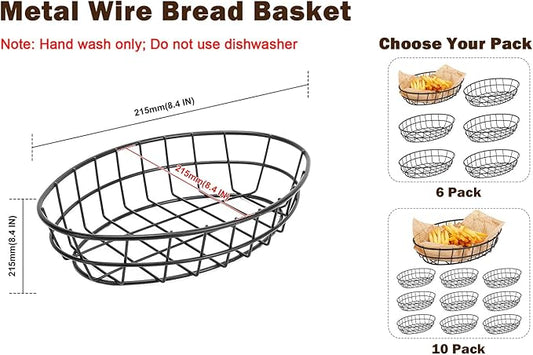 6 Pack Metal Fast Food Oval Baskets, Wire Bread Basket for Serving, Reusable Chip Burger Fruit Vegetables Bowl Storage for Kitchen Table, Restaurants, Snack Bar, 9.5" x 6.3" x 2"