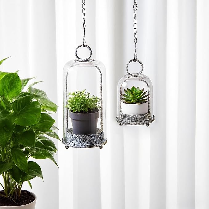 6" & 4" Wide Versatile Modern Metal Hurricane Lantern with Handmade Sturdy Glass Dome in Shabby Black for Pillar Candle & Plants, Industrial, Farmhouse, Shabby Chic (Black Shabby, 4"x7.5" &6.3"x11.2")