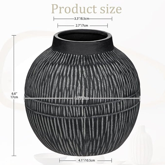 7" Short Rustic Vase with Geometric Linear Striations, Round Ceramic Vase Suitable for Leaves Stems & Flowers, Low-Profile & Cool Tone Style, Chunky, Small & Dark Grey