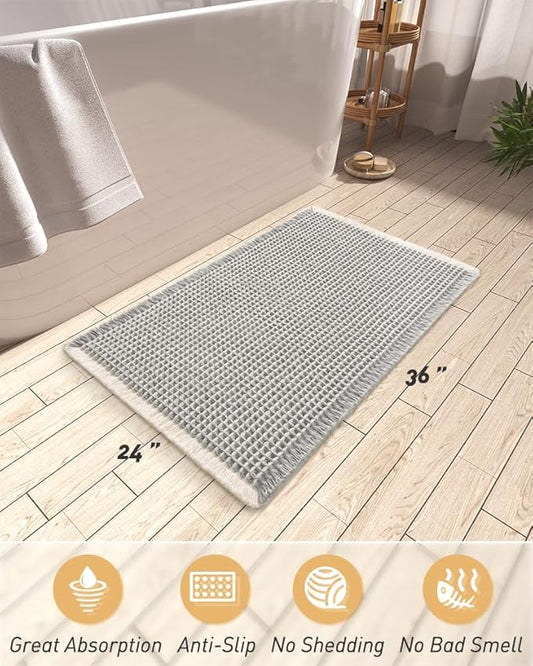 Upgraded Waffle Bath Mat, Super Absorbent Non Slip Bath Mats for Bathroom Floor, Machine Washable Bathroom Rugs with Tassels, Rubber Backed Bathroom Mats, Ultra Soft, 24" x 36",LightGrey & Cream