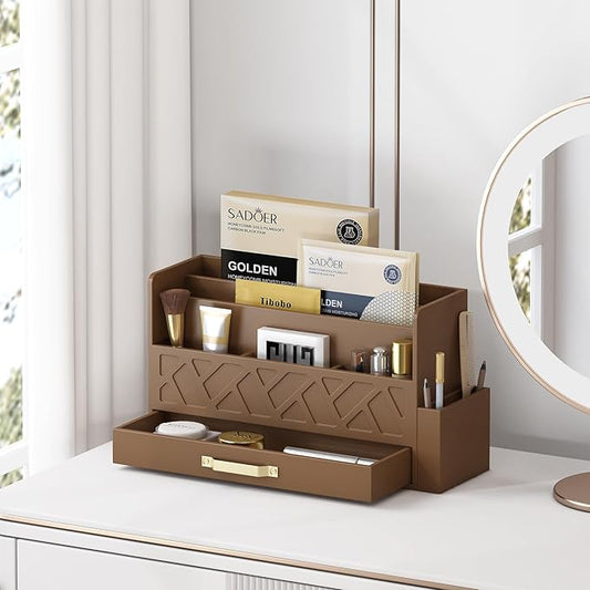 Bamboo Desktop Organizer with Drawer,Bill & Mail Organizer for Office Desk, Wall Mounted and Countertop Mail Sorter,Workspace Storage Accessories Organizer for File Letter (Brown)
