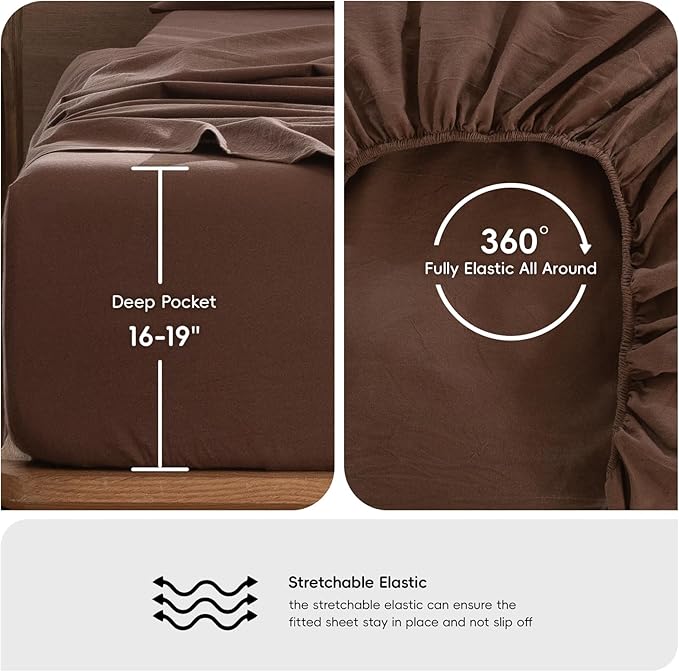 MooMee Bedding Sheet Set 100% Washed Cotton Linen Like Textured Breathable Durable Soft Comfy (Solid Cocoa Brown, Twin)