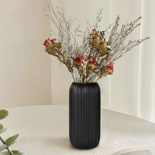 Ceramic Vase for Flowers – Modern Small Ribbed Textured Flower Vase for Home Decor, Pampas Grass, Decorative, Farmhouse, Coffee Table, Kitchen Centerpieces, Bookshelf and Home Living(Matte Black)