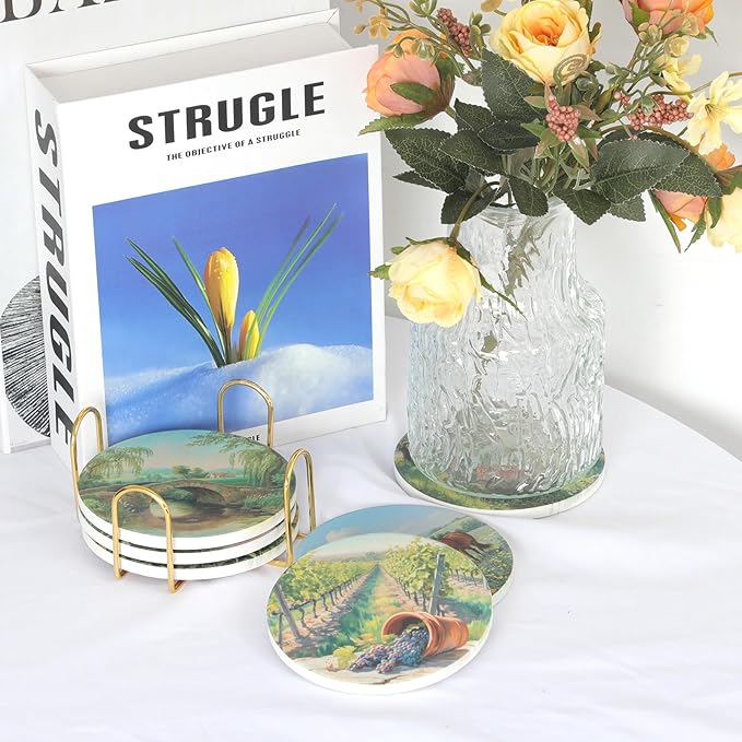 Ceramic Coasters Set of 6 with Holder, Farmhouse Style, Absorbent Drink Coaster Set for Home Decor, Cups, Mugs and Glasses (Golden Farm Scene)