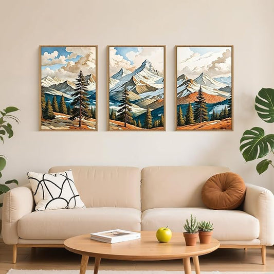Large Woodcut Style Mountains Framed Canvas Wall Art,Vintage Pine Trees Wall Decor,Boho Natural Snow Ridge Artwork,Modern Woodland Landscape Art Print for Living Room,Bedroom,Office- 24"x36"x3