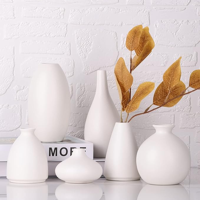 Set of 6 Matte White Small Vases for Flowers, Ceramic Bud Vase Bulk Boho Centerpieces for Tables, Mini Short Vase Modern Bulk Wedding Centerpieces Ikebana Vases for Bridal Shower/House Warming Gift