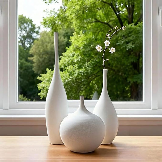 White Ceramic Vase Modern Boho Wabi-Sabi Flower Vase Set of 3 Decorative Aesthetic Vases for Centerpieces Pampas Matte Minimalist Vases for Living Room Table Shelf Home Decor Gift