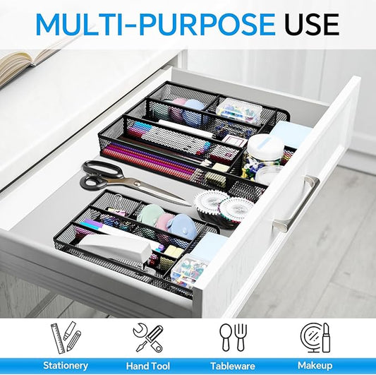 Desk Drawer Organizer, Office Drawer Divider Organizer Tray with 6 Compartments, Metal Mesh Desktop Organization and Accessories for Stationery Makeup Kitchen Toolroom School &Office, 12.6x8.27x1.6 in