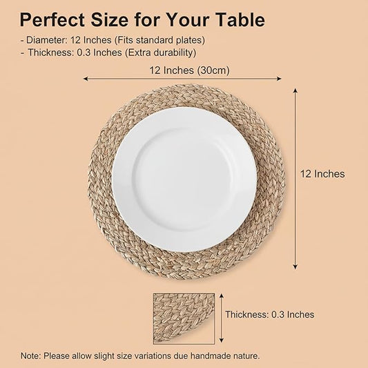 6 Pack 12 Inch Round Rattan Placemats, Wicker Chargers Slip Heat Resistant Rattan Placemat Washable Braided Table Mats Rustic Braided Wicker Chargers for Kitchens and Dining Rooms