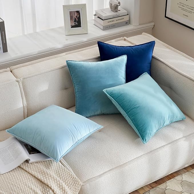 MIULEE Blue Grey Decorative Velvet Throw Pillow Covers Soft Pillow Covers Soild Square Cushion Case for Sofa Bedroom 18x18 Inch 45x45 cm