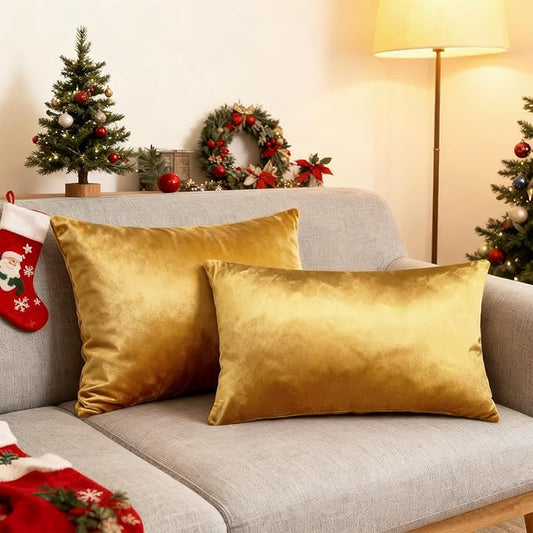 2 Pack 12x20 Pillow Cover Velvet Pillow Covers, Square Throw Pillow Covers for Living Room Decorations Throw Pillow Case, Throw Pillow Cover Cushion Cover for Home Sofa Bedroom Car, Golden