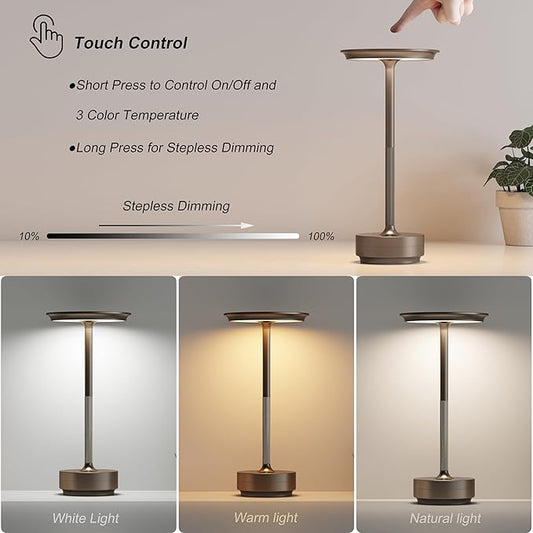 1 Pack Rechargeable Table Lamps Cordless, Portable 5000mAh Outdoor Table Light, 3 Color Stepless Dimming LED Table Lamp with Memory Function, for Home/Dinner/Patio/Restaurant.(Light Cafe)