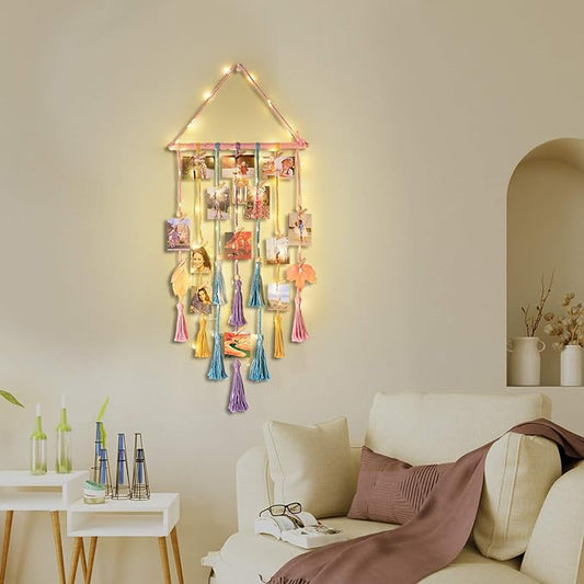 Homecor Room Decor for Teen Girls, Hanging Photo Display Macrame Picture Collage Wall Decor, Boho Decor for Bedroom Apartment Dorm Room with Remote Light, Christmas Birthday Gifts for Teenage Girls
