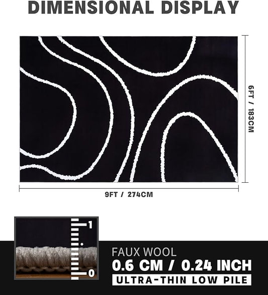 YIHOUSE Black Modern Area Rug 6x9,Abstract Rugs for Bedroom,Black and White Geometric Rug,Minimalist Wave Rug,Dark Washable Area Rugs 6x9 Non Slip Rugs for Living Room,Office