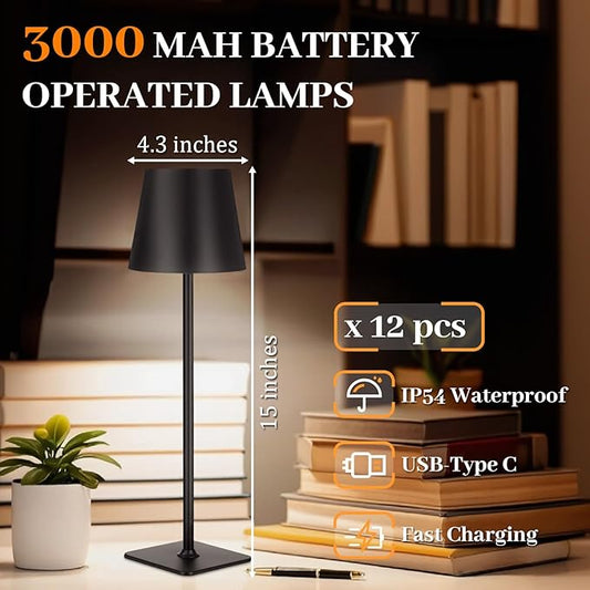Retisee 12 Pack Rechargeable Cordless LED Table Lamps Black 3000mAh Battery Operated Table Light 3-color Stepless Dimming Portable Desk Lamps for Restaurant Coffee Bars Camping Bedrooms Indoor Outdoor