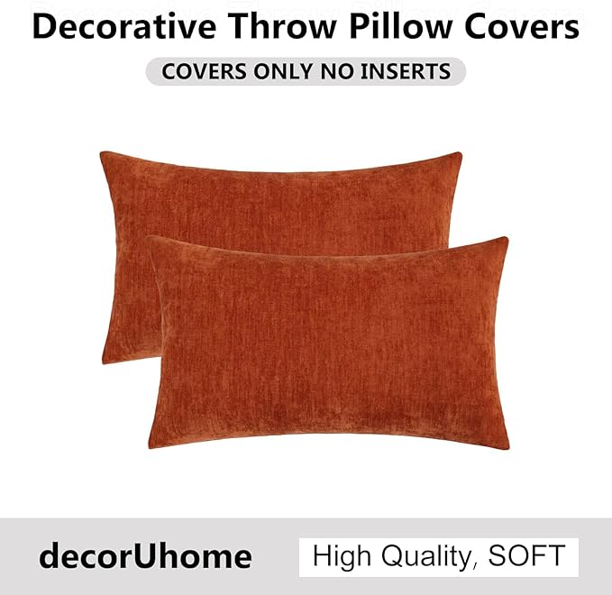 decorUhome Chenille Rust Throw Pillow Covers 12x20 Inch Set of 2, Decorative Soft Couch Pillow Covers Solid Dyed Accent Farmhouse Neutral Rectangle Pillow Cases for Sofa