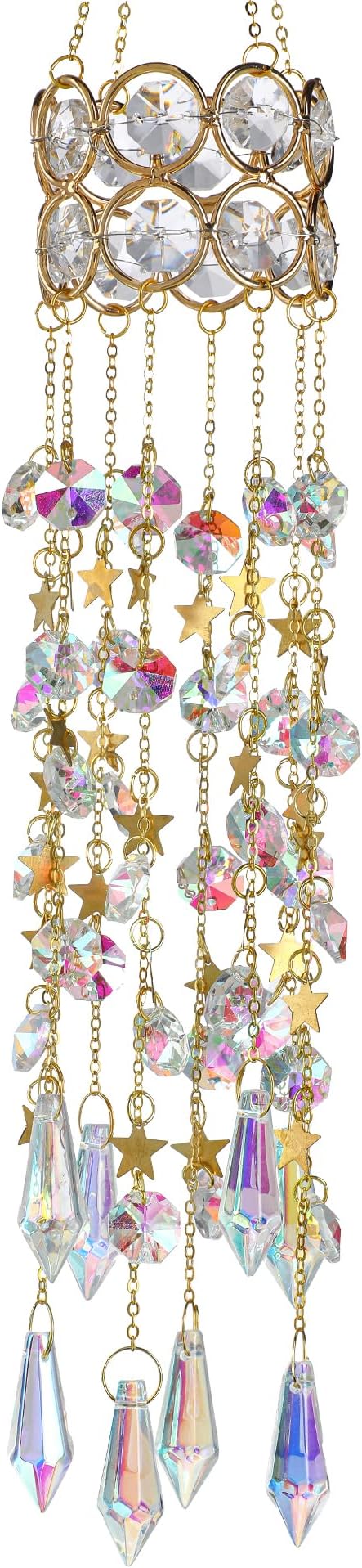 H&D HYALINE & DORA 15.5 Inch Crystal Suncatcher Hanging Window Sun Catcher with Colorful Beads Chain Gold-Plated Rainbow Maker for Indoor Outdoor Garden Christmas Decoration