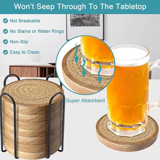 Wood Coasters for Drinks, Absorbent Coaster Sets of 8, Woven Drink Coasters for Coffee Table, Housewarming Gift for Farmhouse Home Decor,4.3 inches Brown