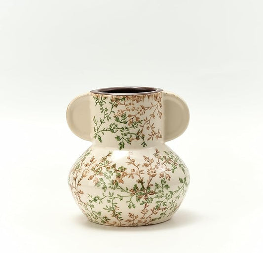 Green and Beige Vintage Pastoral Vase with Handle, 5.63 Inch Ceramic Cracked Chinoiserie Floral Vase, Antique Vases for Rustic Farmhouse Home Decor, Wedding, Living Room, Office, Shelf Decor