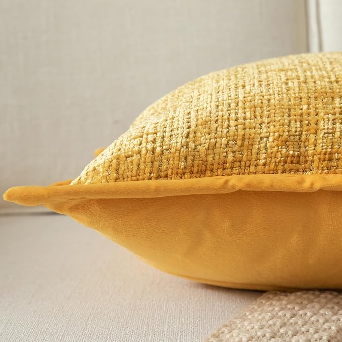 Yaertun Pack of 2 Chenille Textured Decorative Throw Pillow Covers Accent Solid Cushion Cover Soft Cozy Pillow Case with Velvet Back for Couch Sofa Bed Living Room 16x24 Inch Yellow