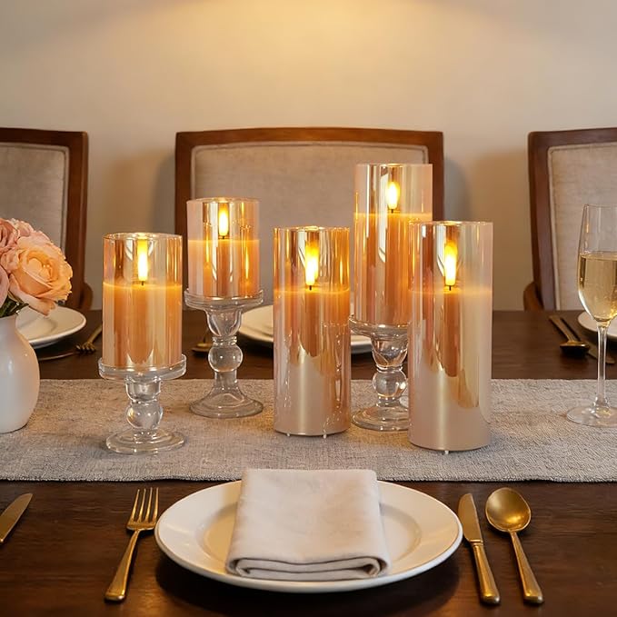 Rechargeable Flameless Candle, Flashing LED Pillar Real Wax Candle with Remote Control and Timer, Gold Glass Electronic Candle, 1 Set of 5(Gold)