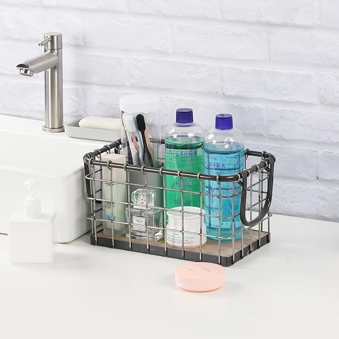 Set of 3 Rectangular Sturdy Hand Welded Farmhouse Metal Wire Basket with Rustic Wooden Bottom For Shelves, Closet Storage Bins for Shelves. Also For Laundry, Towel, Spice Rack, Tool Box (SET OF 3)
