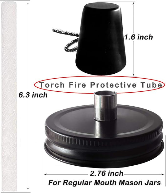 Mason Jar Tabletop Torches Kits,6 Pack Regular Mouth Lids with Protective Tube,Long Life Fiberglass Wicks and Caps,Outdoor Oil Lamp Lights for Patio Garden Camping Decor(Black)