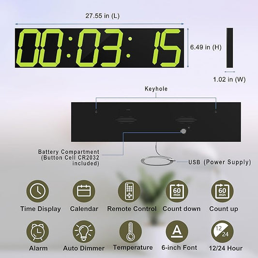 Digital Wall Clock, Oversize Digital Clock with Auto Dimmer, Huge Countdown Timer with Remote Control, 27" Wide Led Display, 6 Digits, Wall Mount, Date and Temperature(Yellow)