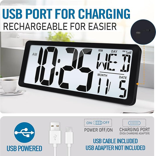 4.6" Numbers Display Built-in Rechargeable Power 15" Atomic Black Wall Clock -Night Display-Never Needs Setting!-Easy to Read Numbers-Never Need Replace Battery