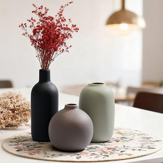Christmas Ceramic Flower Vases, Modern Farmhouse Neutral-Colored Xmas Gift Decorative Vases for Dried Fresh Flowers, Home Decor for Table,Living Room,Shelf (Set of 3)