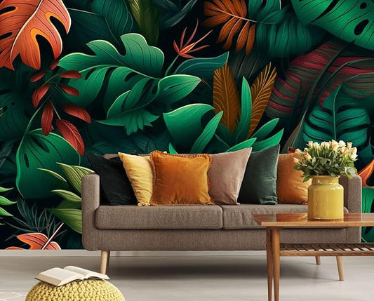 Colorful Tropical Flowers and Leaves Seamless Pattern Mural, Fresh and Unique Background Wall Decorations(Non-self-Adhesive)