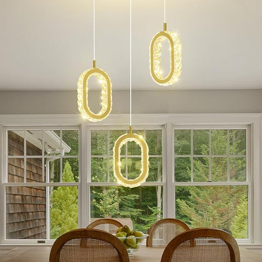 Dimmable Oval Ring Pendant Light Modern LED Crystal Ring Chandelier for Dining Room Bedroom Living Room Pendant Lights for Kitchen Island Adjustable 3-Light Gold