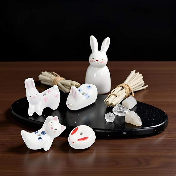 4Pcs Rabbit Cat Ceramic Incense Holder Cute White Animals Incense Sticker Holder Fun Home Decorative Ornaments for Home Room Decoration Yoga Spa Meditation Incense Holders