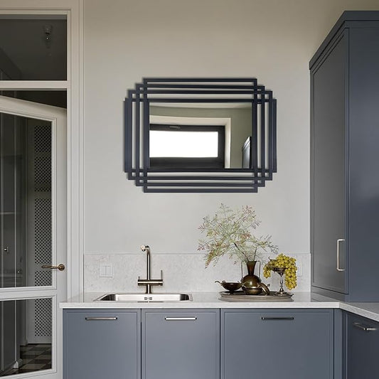 Rectangle Vanity Mirror, 24"x18" Geometric Art Deco Mirror with Metal Frame, Modern Elegant Wall Mirrors for Living Room Bathroom Bedroom Entryway, Hangs Vertically or Horizontally