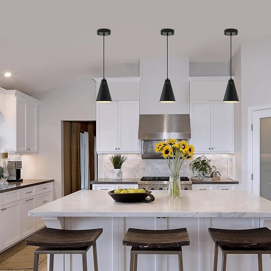 Black Pendant Light for Kitchen light fixtures,Small Modern Industrial Chandeliers with Cone Metal Shade,Mini Adjustable Cord Hanging Lighting Fixtures for Over island,Bar,Dining Room.(1 Pack)