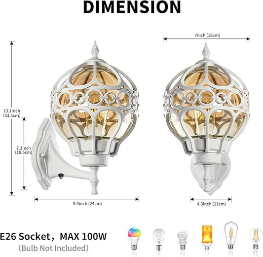 Dusk to Dawn Globe Outdoor Wall Lights, White Porch Light, Aluminum Waterproof Exterior Lighting Fixtures Wall Mount, Sphere Outside House Sconces Lantern with Amber Glass for Patio Garage Doorway