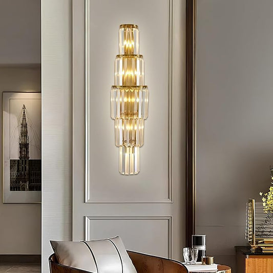 29.5 inch Modern Wall Sconce Contemporary Crystal Wall Sconce 5-Light Gold Bathroom Light Fixtures for Bedroom Hallway Living Room
