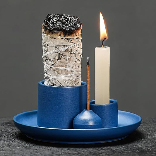4 in 1 Multifunctional Ceramic Incense and Candle Holder with Ash Catcher Tray Suit for Burning White Sage, Palo Santo Sticks (Royal Blue)