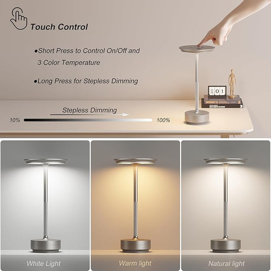 1 Pack Rechargeable Cordless Table Lamps, Portable 5000mAh Battery Table Light, 3 Color Stepless Dimming LED Table Light with Memory Function, for Outdoor/Dinner/Patio/Restaurant.(Silver)