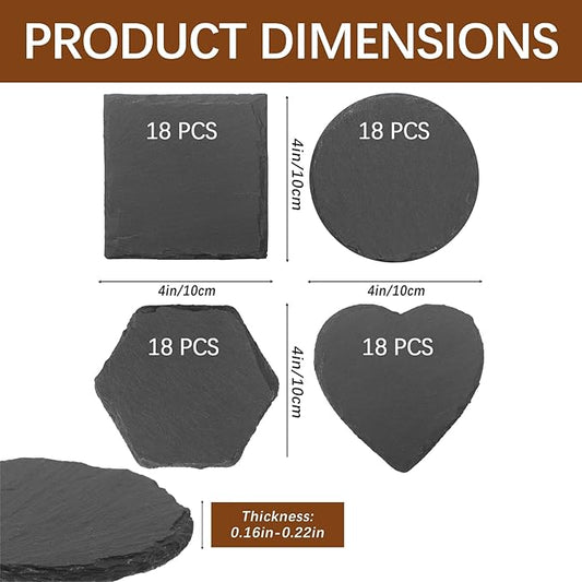 72 Pcs Slate Coasters for Laser Engraving Blanks Slate Coasters Bulk for Engraving Black 4 Inch Blank Laser Engraving, Hand Painted, Scratch Resistant Bottom Square+Round+Heart+Hexagon