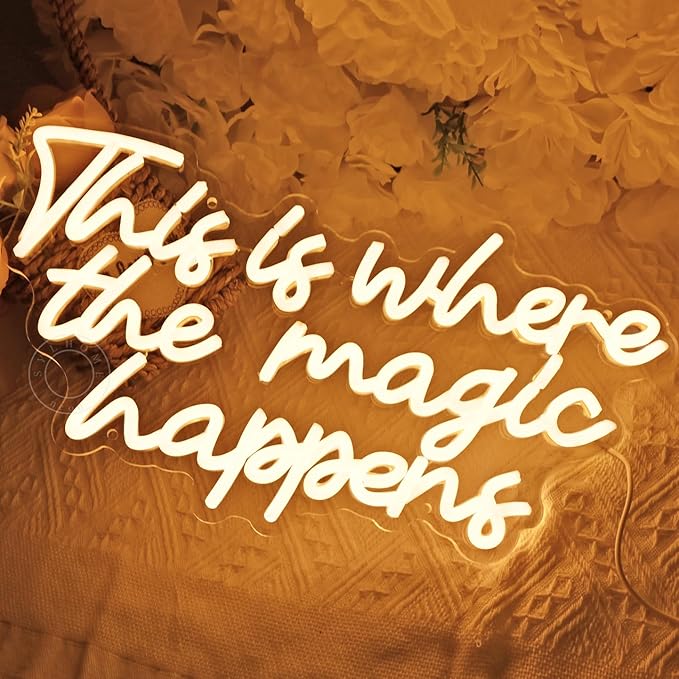 SYLHOME This Is Where The Magic Happens Led Neon Light Sign Bedroom Wedding Birthday Party Wall Decor Sign Bar Pub Kids Room Decoration USB 16.9" X 8.9" Warm White
