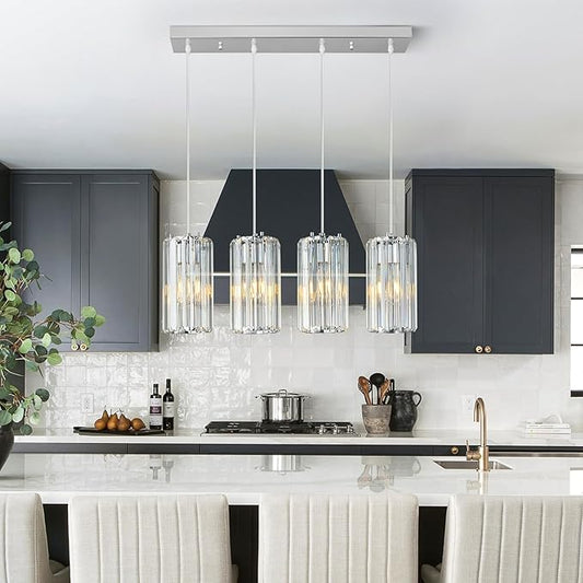 Chrome Pendant Lighting Modern Pendant Light, Mini Crystal Chandeliers,Adjustable Pendant Light Fixture for Kitchen Island Dinning Room Corridor Bedroom(Gold 4-Light)