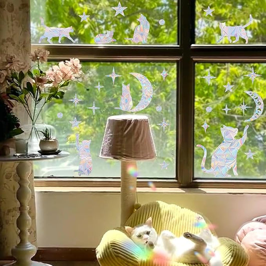 59 Pieces Star Moon Cat Sun Catcher Window Clings for Glass Windows, Anti-Collision Stickers Decals Prevent Bird Strikes,Rainbow Prismatic Window Clings Non Adhesive