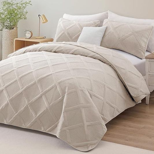 Exclusivo Mezcla Quilts Queen Size - Brich Beige Quilt Set Bedspread with 2 Pillow Shams, Modern Bedding Set with Striped Pattern, Soft Lightweight Bedspreads Queen Size for All Seasons